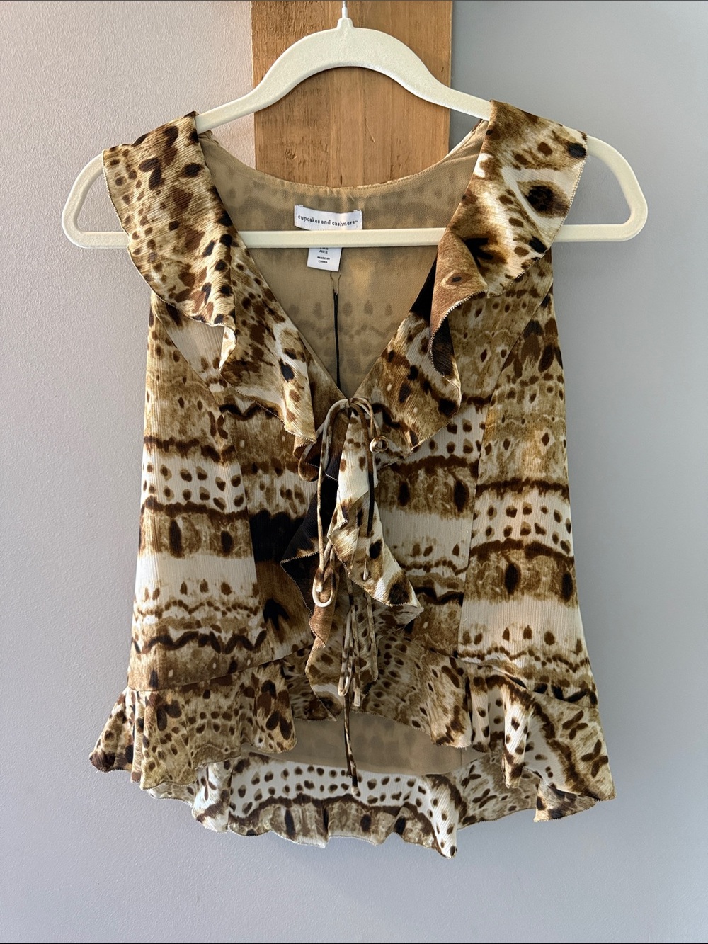 Sleeveless Ruffle Tie-Neck Top - Brown Animal Print, S, NWTs